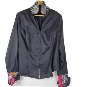 Mishca Women's Satin Blouse Black Pink Full‎ Zip Size Large GUC